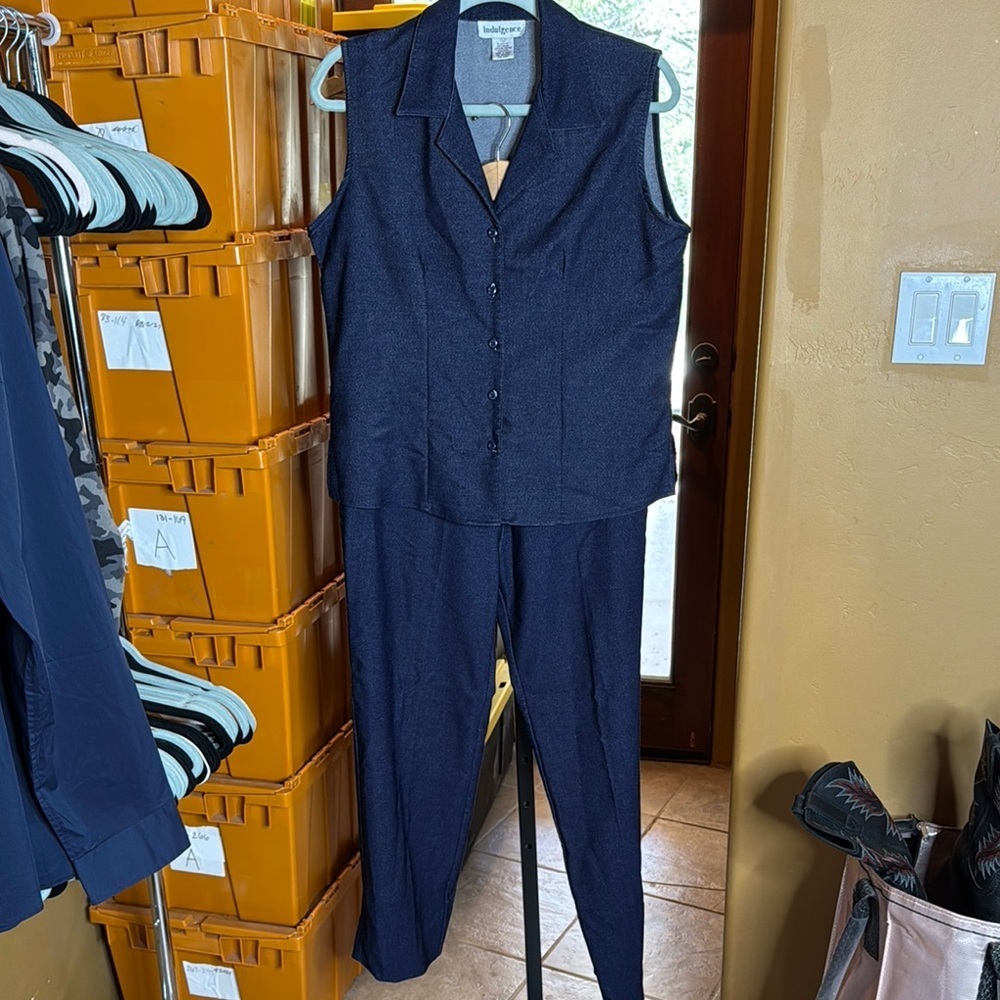 Vintage Indulgence Indigo Blue Jean Vest Pantsuit Size Large - Picture 2 of 13